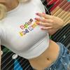 Ins Europeu e Americano Verão 2025 Novo Suéter de Gola Redonda Manga Curta Estampa de Letras Mostrando o Umbigo Tops Europeus e Americanos Camiseta