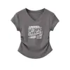 Camiseta de Manga Corta para Mujer con Diseño Plisado que Ceñe la Cintura, Estilo Verano, Modelo Nuevo, Cuello en V en el Hombro Derecho, Corte Ajustado, Top Versátil de Algodón Puro para Mujer