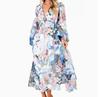 Vestido Midi Casual de Manga Longa Estampado de Cintura Alta com Decote V Profundo Estilo Boêmio Novo Primavera e Outono Europeu e Americano Wal-Mart