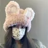 Chapéu Fofo de Pelúcia com Orelhas de Coelho para Mulheres Outono Inverno Lã Grossa Quente Touca Tendência Gorro de Tricô para Frio