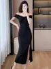 Vestido de noche asimétrico retorcido, femenino vestido midi bodycon ajustado asimétrico con abertura, elegante y estilizado vestido negro