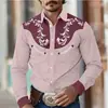 Camisa masculina floral retrô estilo western, casual de rua para uso diário ao ar livre, primavera/verão, colarinho de lapela, mangas compridas, tecido com elasticidade em quatro direções