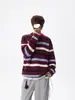 Suéter Listrado Color Block Americano Gola Redonda Masculino Outono Inverno Retrô Nicho Preguiçoso Tricô Solto Emagrecedor Suéter de Lã