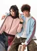 Sudadera cárdigan de manga larga con cuello alto, bloques de color y rayas estilo americano para hombres y mujeres, versión coreana para parejas, chaqueta deportiva de moda para primavera y otoño