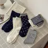 Calcetines retro de punto azul con estampado floral hasta la pantorrilla con lindos moños, dulces y femeninos, con ribete de encaje, estilo coreano, para otoño e invierno