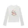 Top blanco para mujer, cuello redondo, hombros normales, estilo primavera y otoño, estampado de caballito de madera de dibujos animados, corte ajustado, camiseta de manga larga