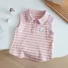 Lindo y Juguetón Conjunto de Verano para Niñas Pequeñas 2026 Nuevo Estilo Coreano Chaleco a Rayas con Cuello Polo + Conjunto de Shorts Plisados