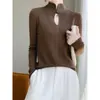 Suéter chino vintage para mujer, cuello alto, color liso, botones, hueco, corte ajustado, adelgazante, lana peinada, tejido fino, manga larga