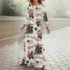 Amazon Transfronteiriça Roupas Femininas Outono Inverno Estampa Comércio Exterior Vestido de Gola Redonda Manga Longa Estilo Natalino