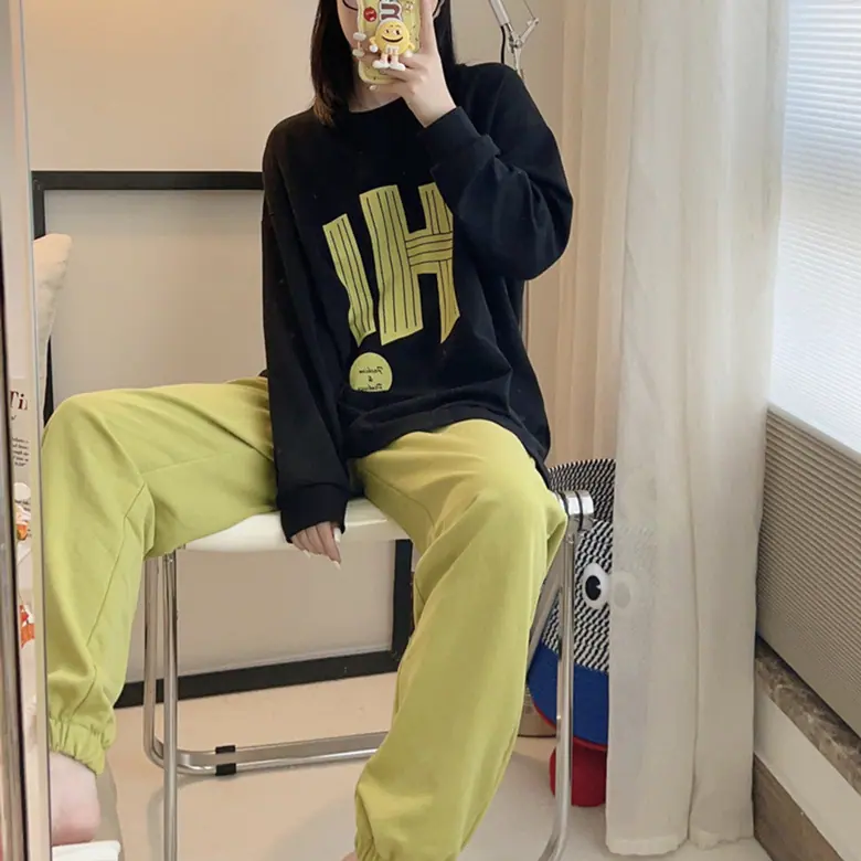 黑衣袖缩口IH绿缩裤双长