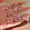 Set de Anillo Abrible con Colgante de Diamante Azul Marino Bicolor y Pendientes de Diamante Rosa Tejido Italiano Grabado Dorado Piedras Preciosas para Mujer