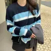 Suéter de Punto con Rayas Redondo de Manga Larga Estilo Coreano 2025 Nuevo Talla Grande Versátil Jersey Casual para Mujer con Bloques de Color y Tendencia de Estilo Perezoso