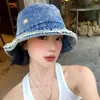 Sombrero de Pescador de Mezclilla Vintage Desgastado para Hombres y Mujeres, Sombrero de Cubo Versátil para Todas las Estaciones con Bordes Deshilachados, Sombrero de Cubo de Moda con Protección Solar para la Cara