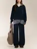 Conjunto de Sudadera a Cuadros Patchwork de Dos Piezas Falsas Estilo Retro Universitario Americano con Pantalones de Chándal con Cortina de Trasero