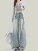 Jeans Feminino Verão Fino Novo Estilo Bordado de Cachorro Cimitarra, Estilo Americano Solto Emagrecimento Reto Perna Larga Calça Longa Tendência
