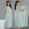 Toalha de Banho Feminina com Alças em Fleece Coral Altamente Absorvente para Banho, Usável no Ombro, Roupão de Banho, Toalha para Praia, Spa, Academia, Cobertura Corporal, Saia de Banho com Bolso, Roupão de Vestir, Pijama de Alça