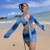 Corea del Sur Nuevo Baño Termal Renderizado Cintura Alta Pecho Pequeño Push-up Conjunto de Tres Piezas Sexy Manga Larga Protección Solar Traje de Baño para Vacaciones para Mujeres