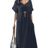 Vestido con cuello en V de comercio exterior europeo y americano 2024, de algodón y lino de Amazon, suelto, informal, de color sólido, con bolsillos, ropa de mujer