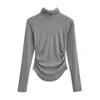 Camiseta Interior de Color Sólido Manga Larga Cuello Medio Otoño e Invierno Nueva Polar Cepillado Corte Ajustado Dobladillo Curvo Sexy