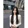 Camiseta de Manga Larga para Mujer al por Mayor Otoño Nuevo Estilo 260G Mezcla de Cachemir Cuello Redondo Logo Pequeño Corte Ajustado Hombro Normal Prenda Interior