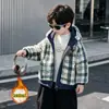 Roupas de Outono e Inverno para Meninos Suéter Casaco Xadrez Peludo com Capuz Engrossado Plus Velvet Roupas de Inverno para Crianças Meninos 2026 Novo