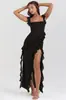 Vestido Largo de Tirantes Finos Estilo Francés con Borde Fruncido, Sexy con Abertura, Nuevo Verano 2026 Europeo y Americano Transfronterizo para Mujer