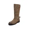 Botas de montar para mujer de piel de vaca de capa superior y ante de vaca, botas de color envejecido para otoño e invierno, botas de cuero genuino de punta redonda con hebilla hasta la pantorrilla para mujer