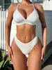 Biquíni Jacquard Branco 3D Europeu e Americano com Amarração no Pescoço para Mulheres Triângulo de Copas Profundo V Peça Única de Roupa de Banho para Férias na Praia
