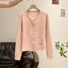 Cardigan Suéter Azul Gola Redonda Feminino 2026 Novo Estilo Jaqueta de Tricô Trançado Outono Estilo Coreano Top Peça de Exterior Pequena