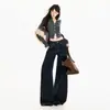 Jeans Feminino Largo Perna Larga Retrô Americano Patchwork Botão Duplo Cor Denim Calça Longa Cor Denim Estendida Yi Chun