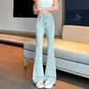 Jeans Micro La de Cintura Alta Infantil 2024 Novo Slim Nove Pontos Pequeno Design Boca de Sino Estilo Outono