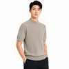 Camiseta de tricô masculina de manga curta com gola alta parcial, estilo old money, top liso de gola média para primavera e outono, camiseta base masculina para usar por baixo
