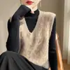 Colete suéter de malha grossa com gola V e tranças 100% lã, suéter sem mangas, colete liso estilo coreano, peça para sobreposição para mulheres