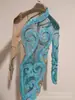 Vestido de Malla Europea y Americana con Pedrería para Mujer, Fiesta de Cumpleaños, Manga Larga, Transparente, Azul Cielo, Sexy, Atuendo para Baile de Graduación