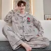 Conjunto de Pijama de Algodón Puro para Otoño e Invierno Primavera y Otoño Cuello de Solapa Manga Larga Pantalón Largo Corte Holgado Tallas Grandes Conjunto Cómodo para Estar en Casa