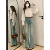 Jeans de Estilo Americano Teñidos de Barro Amarillo para Mujer, Temporada de Primavera, Tallas Grandes, Cintura Alta, Adelgazantes, de Nicho, Elásticos, Ligeramente Acampanados, Pantalones Bootcut