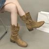 Botas de Tacón Grueso Estilo Wasteland con Plataforma Interior Botines para Mujer Verano 2025 Nuevo Estilo con Falda Botas Vaqueras Occidentales