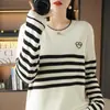 Novo suéter de algodão puro estilo coreano para outono e inverno, com listras em formato de coração e gola redonda, blusa básica de malha de algodão, solta e versátil, para mulheres