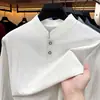 Nueva Camiseta de Manga Larga Estilo Chino para Hombre, Top con Cuello Henley, Versátil para Primavera y Otoño, de Edad Media, Color Sólido, Casual, Ropa de Alta Gama para Hombre