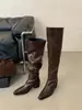 Botas de tacón alto, largas, hasta la rodilla para mujer, nueva colección otoño/invierno 2025, estilo francés, botas largas ajustadas, botas de vaquero occidentales