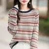 Camiseta base de punto rayada hueca para otoño temprano para mujer, nuevo top de algodón para primavera y otoño 2025, suéter elegante de talla grande para mujer