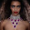 Collar europeo y americano exagerado con cadena para clavícula, accesorios de moda de lujo, collar de múltiples hileras con colgante de gota de agua de pedrería morada