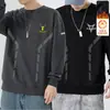 Camiseta masculina de manga comprida para outono e inverno, marca da moda, corte solto, forrada com fleece, camiseta básica casual, moletom com estampa e gola redonda para jovens estudantes
