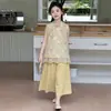 Conjunto de Qipao sin Mangas de Verano para Niñas, Nuevo Estilo Chino Hanfu Traje Tang con Pantalones Anchos de Nueve Puntos, Conjunto de Dos Piezas de Moda