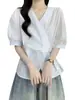 Camisa azul fruncida de manga corta con cuello en V para mujer, nuevo estilo de verano, talla grande, diseño de cintura entallada, top elegante de manga corta