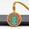 Collar Colgante Thangka Redondo Dorado Pintado a Mano Zodiaco Santo Patrono Dios Amarillo de la Riqueza Tara Verde Thangka Venta al por Mayor