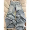 Jeans Americano Retrô Lavado Azul Claro de Cintura Alta para Mulheres Petite, Calças Casuais de Caimento Amplo Emagrecedoras de Comprimento Total