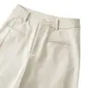 Coleção Outono/Inverno 2026: Calça de terno de alta qualidade, elástica, cor amêndoa, para mulheres, com cintura alta, caimento fluido, estilo casual, corte justo e design de perna reta e larga.