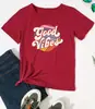 Camiseta estampada com cor vintage Good Vibes Manga curta tendência de outono europeia e americana