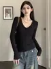 Camiseta básica de modal com decote V e manga longa para mulheres, top casual de outono com visual sofisticado, camiseta com ombro normal